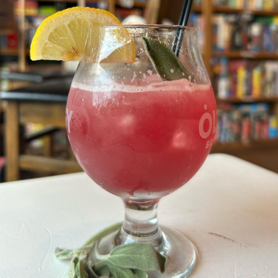 Mixed drink with a lemon slice.