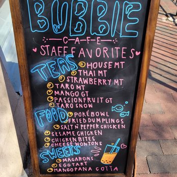 Chalkboard menu for Bubble Cafe with teas, foods, and sweets.