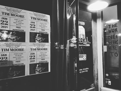 Black and white picture of entrance to @Local.