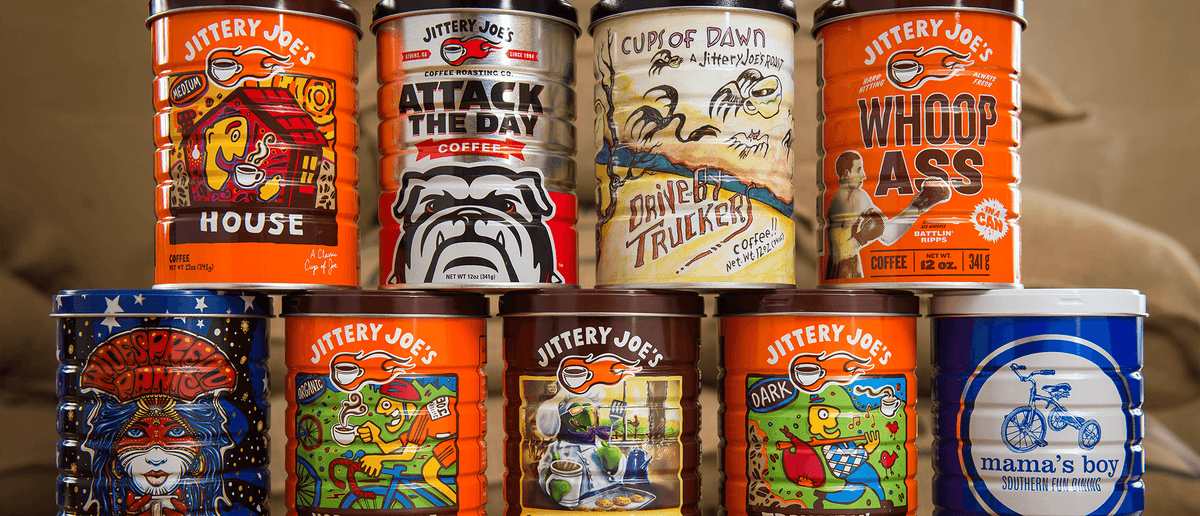 Jittery Joe's coffee tins.