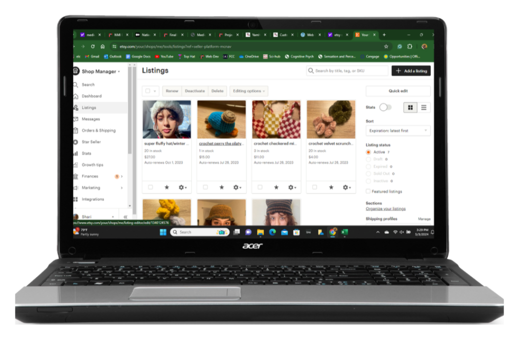 Laptop screen of Etsy seller page.